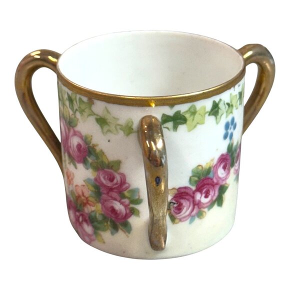 Vintage Double Handle Floral Porcelain Cup Roses Gold Trim Three Handle Tyg Mug - Picture 6 of 7